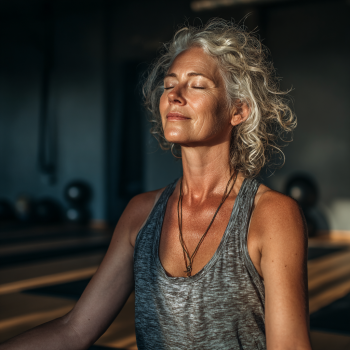 Boldog idős női jógázik a parkban